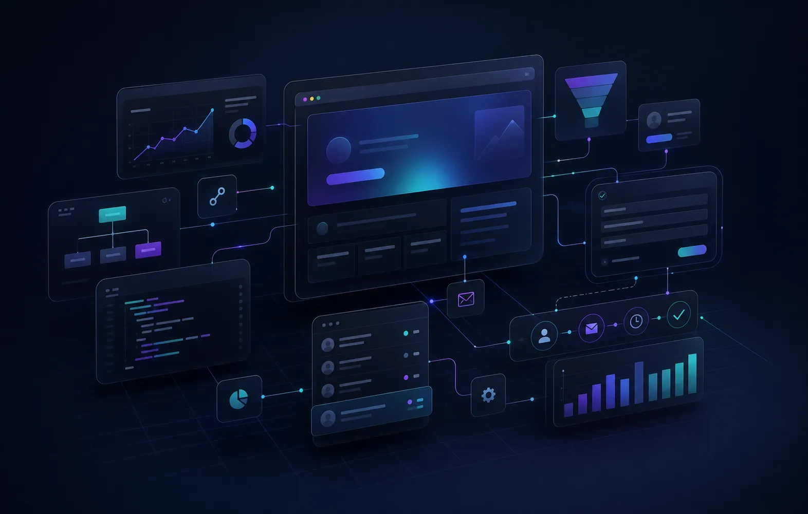 Abstract connected digital infrastructure with a central core and linked modules.